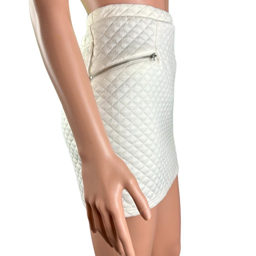 Potters Pot Mini Skirt Size M White Silver Zippers Quilted Elastic Waist Bodycon - Picture 3 of 8